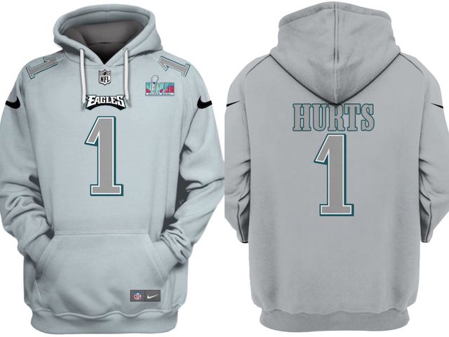 Men's Philadelphia Eagles #1 Jalen Hurts Grey Atmosphere Fashion Super Bowl LVII Patch Pullover Hoodie