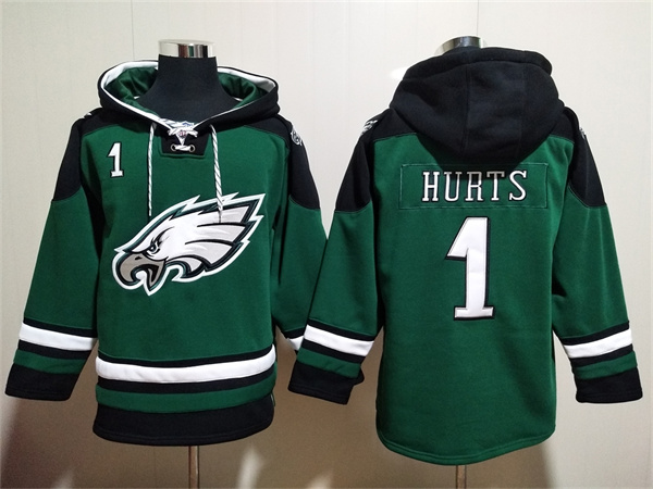 Men's Philadelphia Eagles #1 Jalen Hurts Green Lace-Up Pullover  Hoodie