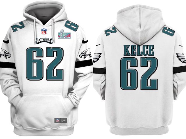 Men's Philadelphia Eagles #62 Jason Kelce White Super Bowl LVII Patch Pullover  Hoodie