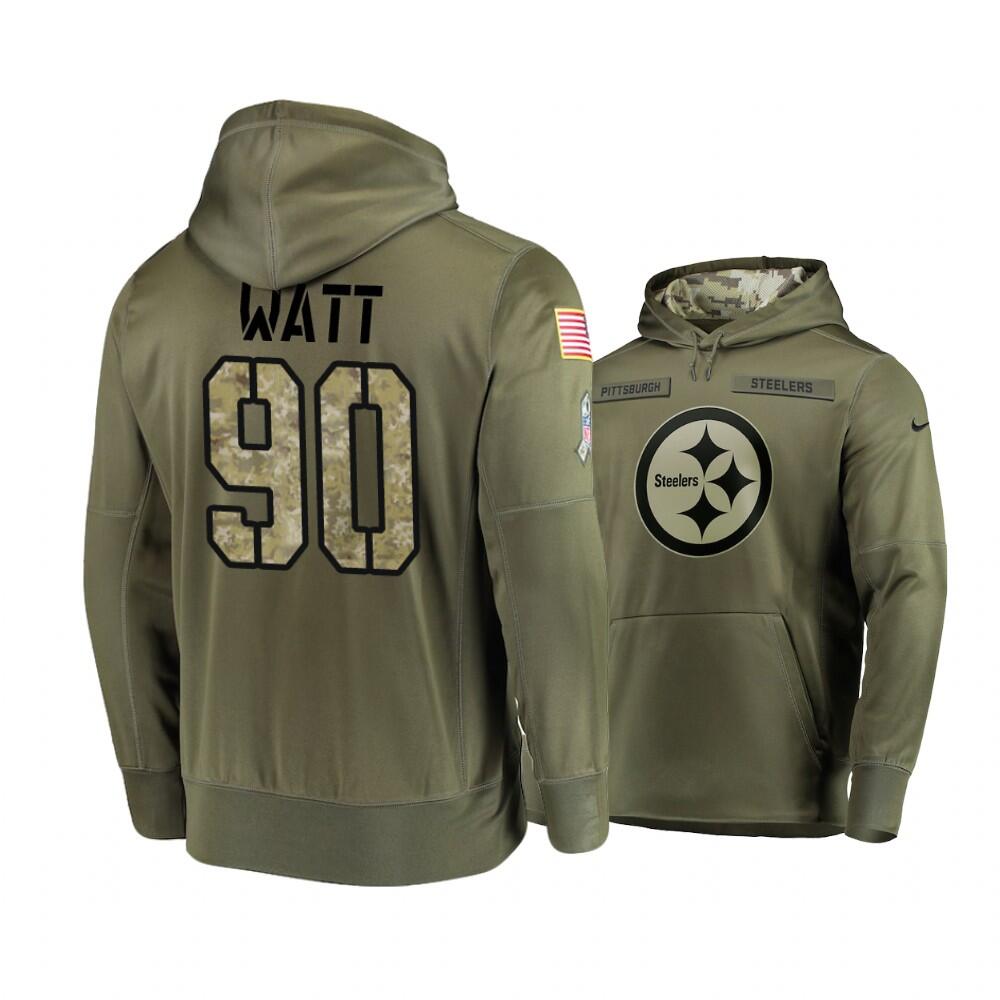 Men's Pittsburgh Steelers #90 T. J. Watt 2019 Olive Salute To Service Sideline Therma Performance Pullover Hoodie