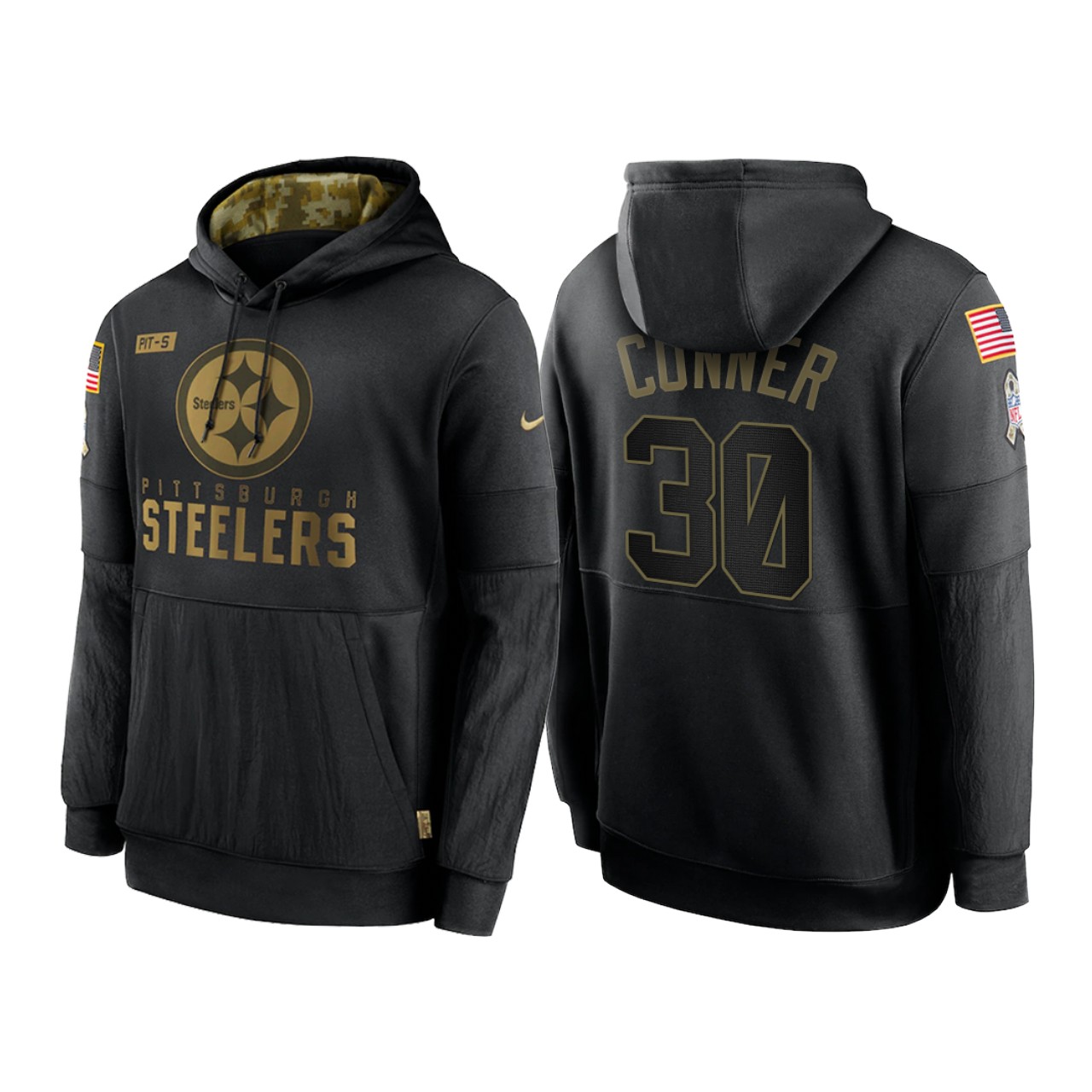 Men's Pittsburgh Steelers #30 James Conner 2020 Black Salute To Service Sideline Performance Pullover Hoodie