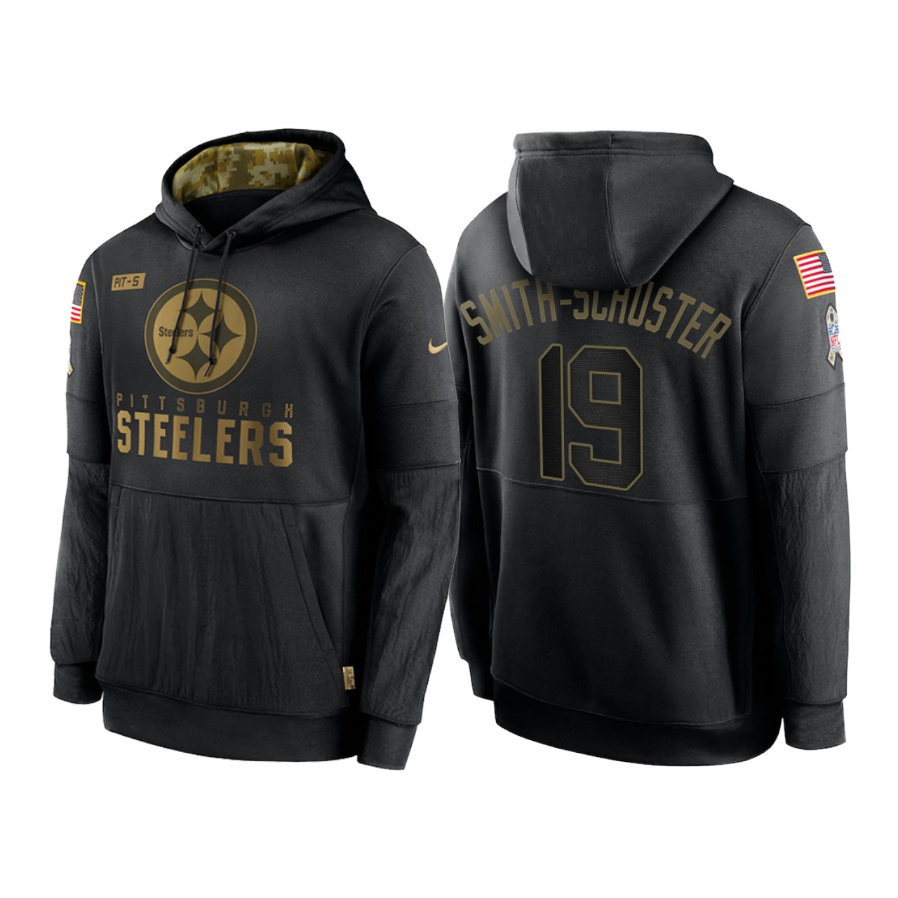 Men's Pittsburgh Steelers #19 JuJu Smith-Schuster 2020 Black Salute To Service Sideline Performance Pullover Hoodie