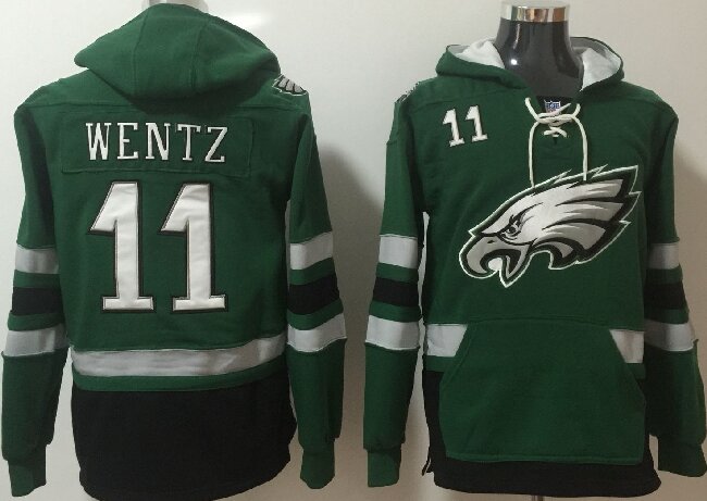 Men's Philadelphia Eagles #11 Carson Wentz Green All Stitched NFL Hoodie Sweatshirt