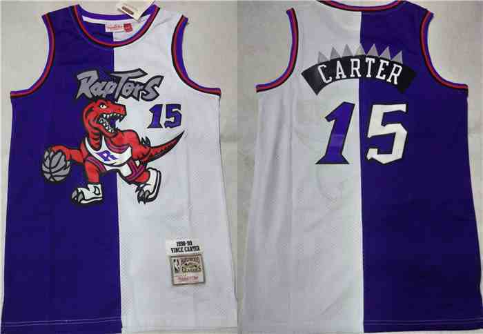 Men's Toronto Raptors #15 Vince Carter Purple White Splite Throwback Stitched Jersey