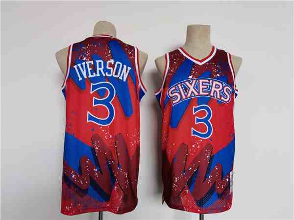 Men's Philadelphia 76ers #3 Allen Iverson Red  Black Throwback Basketball Jersey