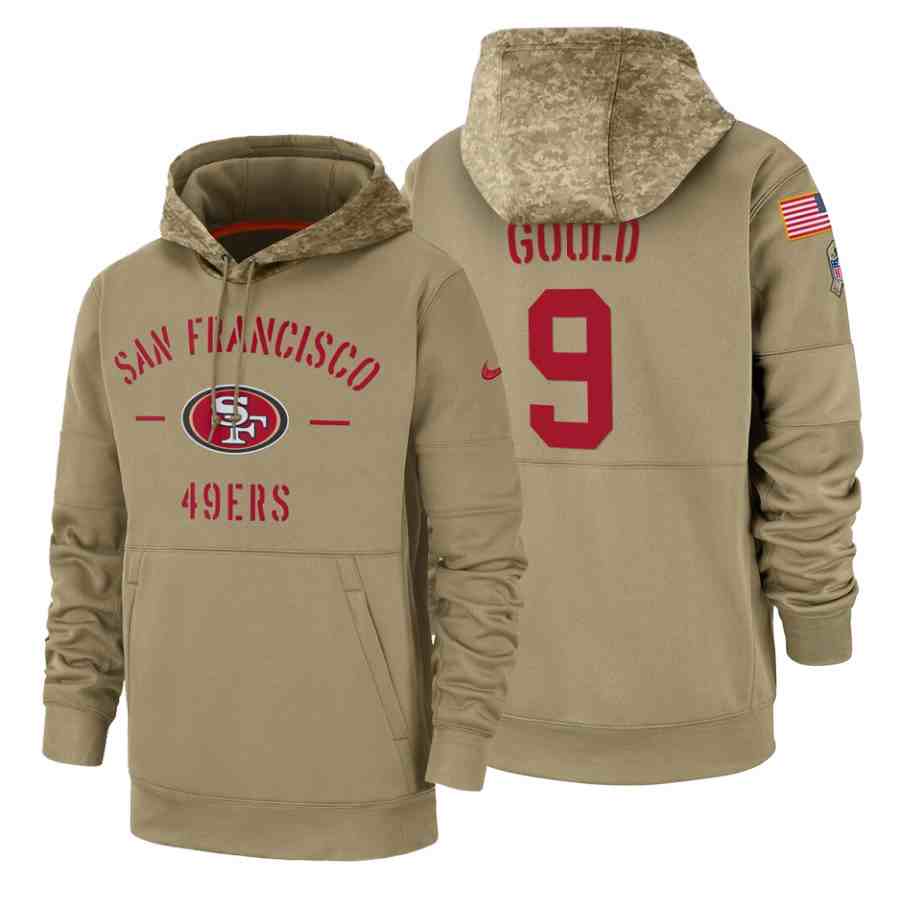 San Francisco 49ers #9 Robbie Gould Nike Tan 2019 Salute To Service Name & Number Sideline Therma Pullover Hoodie