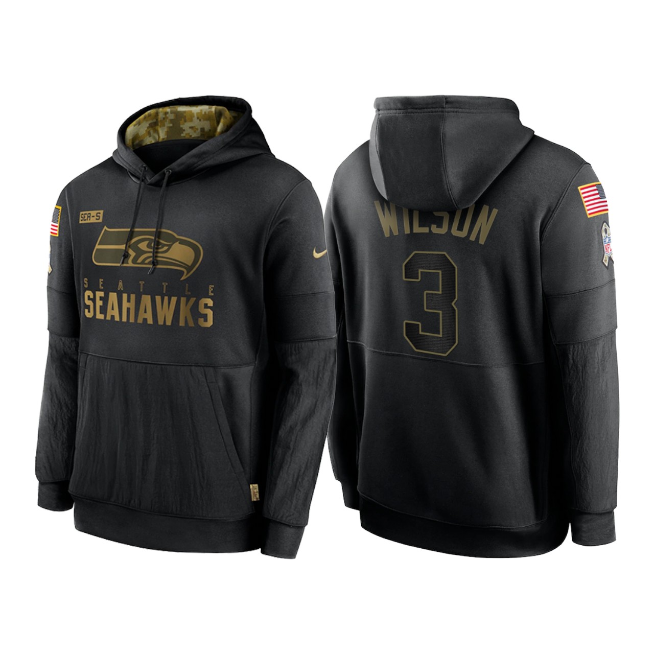 Men's Seattle Seahawks #3 Russell Wilson 2020 Black Salute To Service Sideline Performance Pullover Hoodie