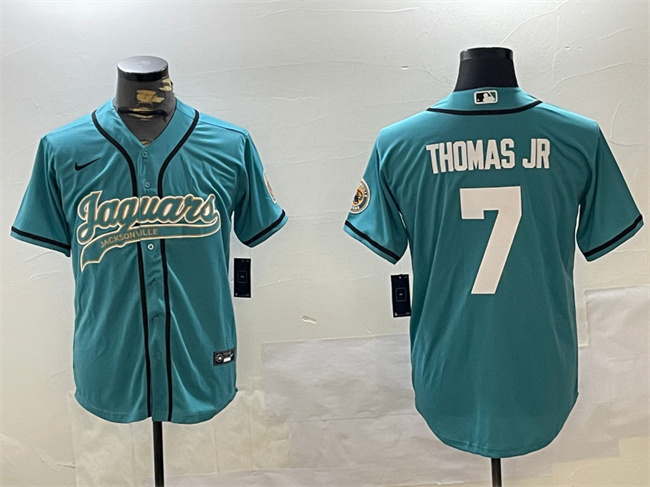 Men's Jacksonville Jaguars #7 Brian Thomas Jr Teal With Patch Cool Base Stitched Button Jersey