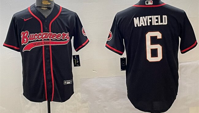 Men's Tampa Bay Buccaneers #6 Baker Mayfield Black Cool Base Stitched Baseball Jersey