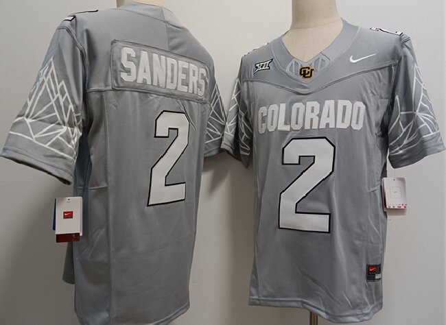 Men's Colorado Buffaloes #2 Shadeur Sanders Grey With XII Patch 2024 F.U.S.E Stitched Football Jersey