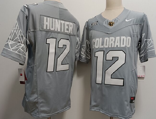 Men's Colorado Buffaloes #12 Travis Hunter Grey With XII Patch 2024 F.U.S.E Stitched Football Jersey