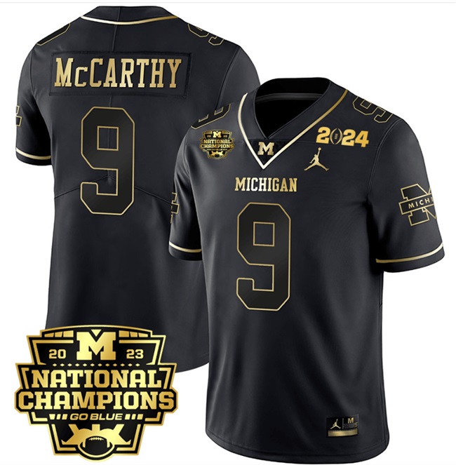 Men's Michigan Wolverines #9 J.J. McCarthy Black Gold Edition 2024 CFP National Champions
