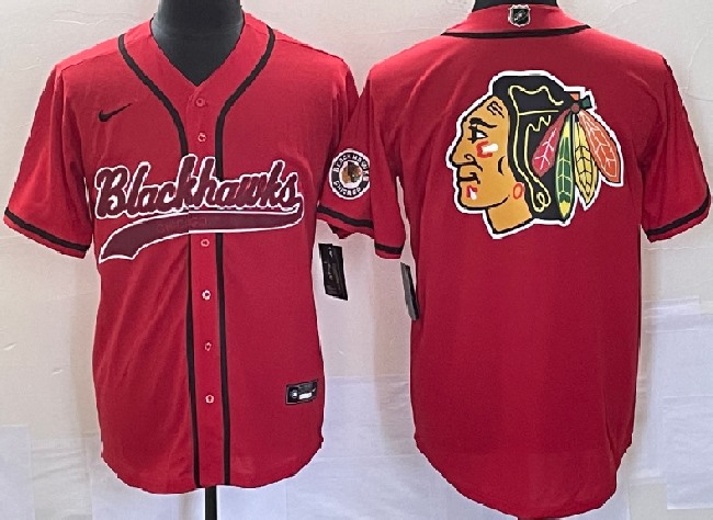 Men's Chicago Blackhawks Red Team Big Logo Cool Base Stitched Baseball Jersey