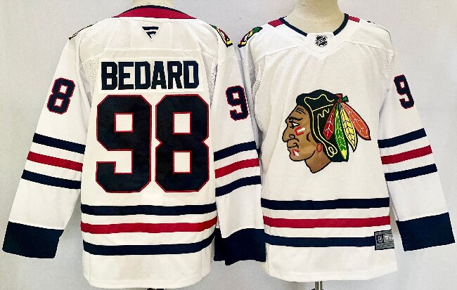 Men's Chicago Blackhawks #98 Connor Bedard White 2024-25 Away Stitched Hockey Jersey