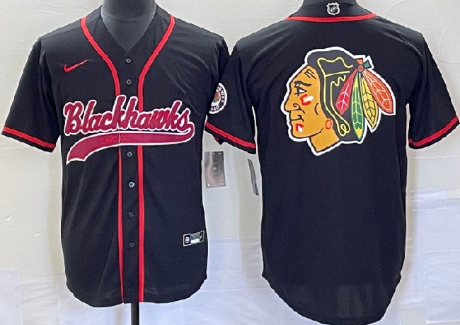 Men's Chicago Blackhawks Black Team Big Logo Cool Base Stitched Baseball Jersey