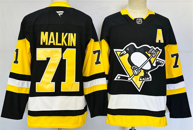 Men's Pittsburgh Penguins #71 Evgeni Malkin Black 2024-25 Home With A Patch Stitched Hockey Jersey