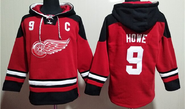 Men's Detroit Red Wings #9 Gordie Howe Red Lace-Up Pullover Hoodie