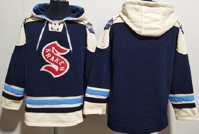 Men's Seattle Kraken Blank Deep Sea Blue Lace-Up Pullover Hoodie