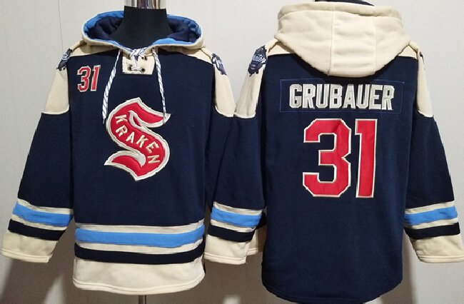 Men's Seattle Kraken #31 Philipp Grubauer Deep Sea Blue Lace-Up Pullover Hoodie