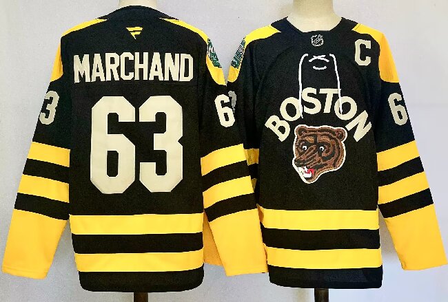 Men's Boston Bruins #63 Brad Marchand Black 2024-25 Winter Classic Primegreen Stitched Jersey