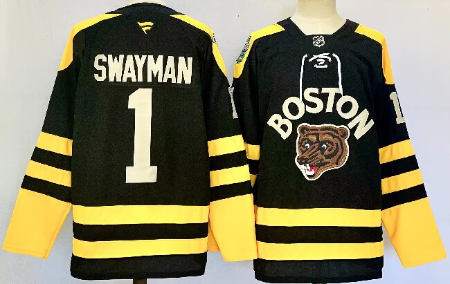 Men's Boston Bruins #1 Jeremy Swayman Black 2024-25 Winter Classic Primegreen Stitched Jersey