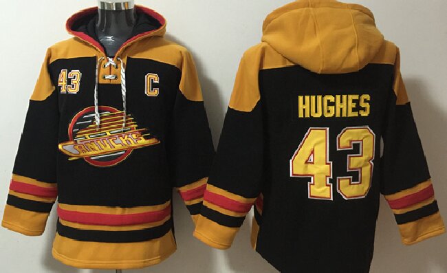 Men's Vancouver Canucks #43 Quinn Hughes Black Ageless Must-Have Lace-Up Pullover Hoodie