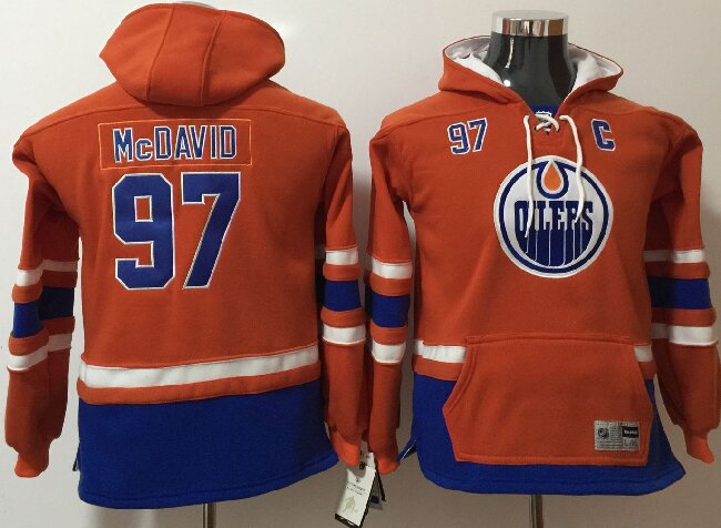 Youth Edmonton Oilers #97 Connor McDavid NEW Royal Orange Pocket Stitched NHL Old Tim Hockey Hoodie