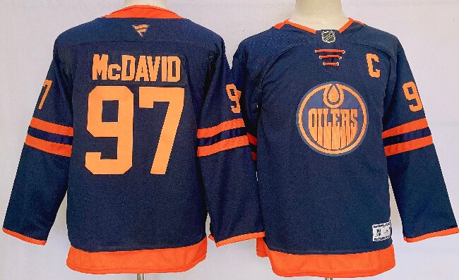 Youth Edmonton Oilers #97 Connor McDavid Navy 2024-25 C Patch Stitched Jersey