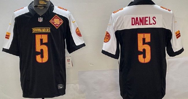 Men's Washington Commanders #5 Jayden Daniels Black White 2024 F.U.S.E. 90th Anniversary Vapor Limited Stitched Football Jersey `