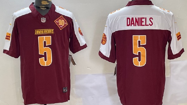 Men's Washington Commanders #5 Jayden Daniels Red Thanksgiving 2024 FUSE With 90th Vapor Limited Stitched Jersey
