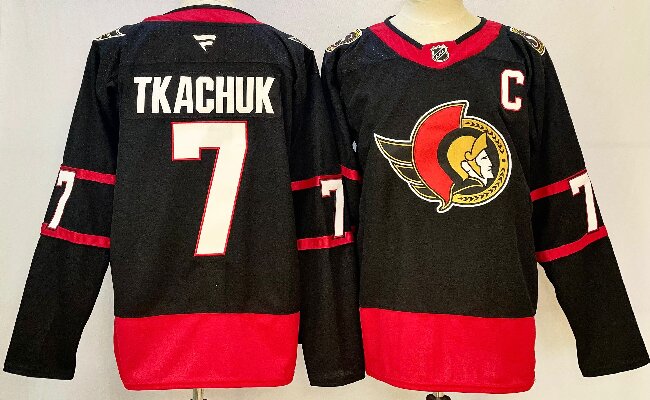 Men's Ottawa Senators #7 Brady Tkachuk Black 2024-25 With C Patch Home Stitched Hockey Jersey