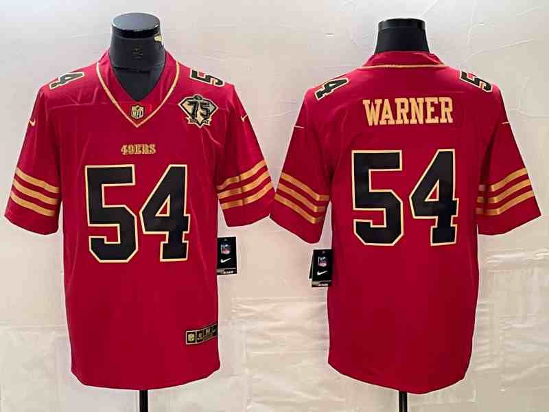 Men's San Francisco 49ers #54 Fred Warner Red Gold With 75th Anniversary Patch Football Stitched Jersey