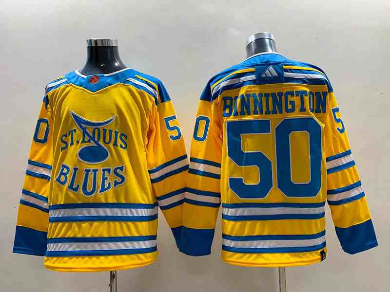 Men's St. Louis Blues #50 Jordan Binnington Yellow 2022-23 Reverse Retro Stitched Jersey