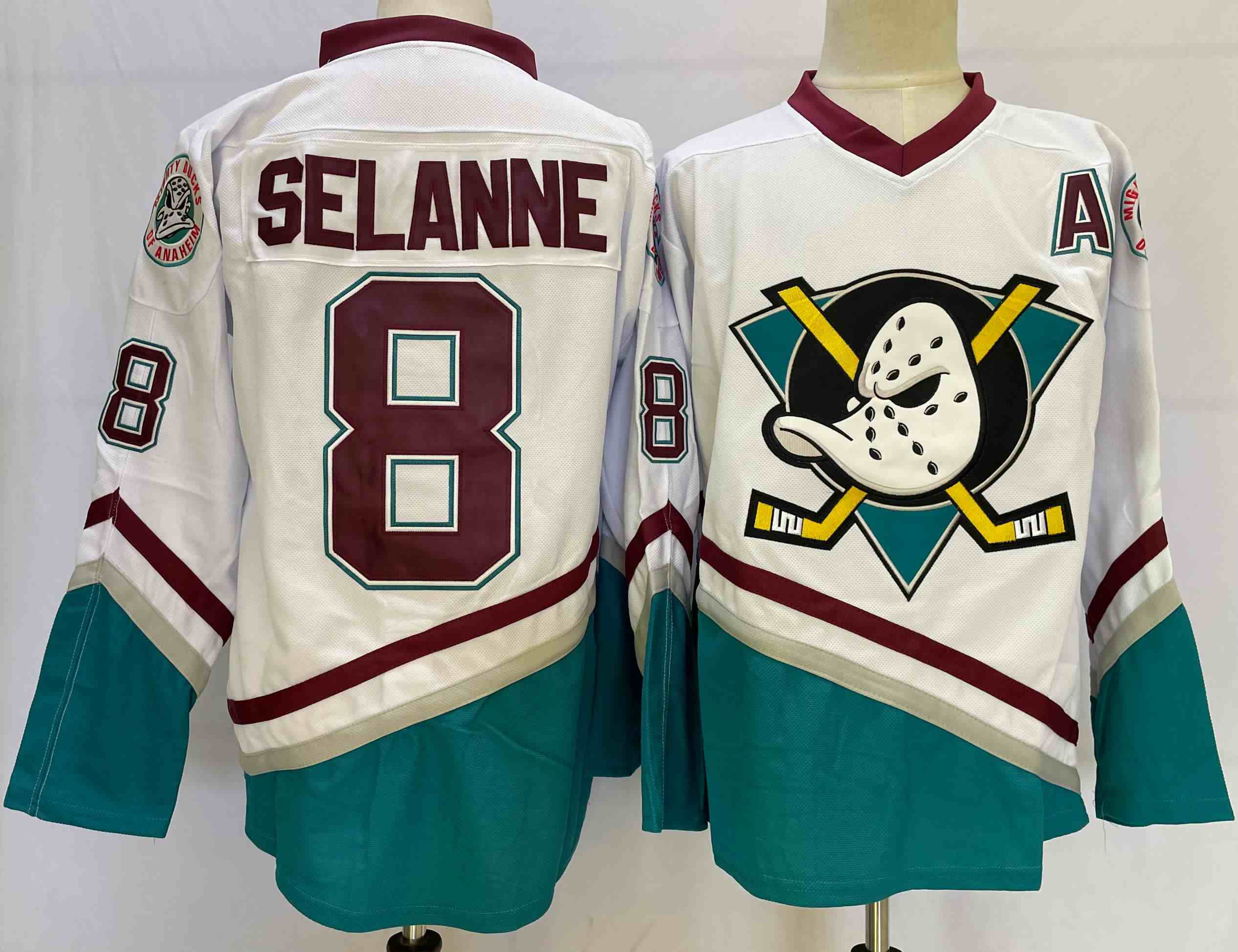 Men's Anaheim Ducks #8 Teemu Selanne White Teal Stitched Jersey
