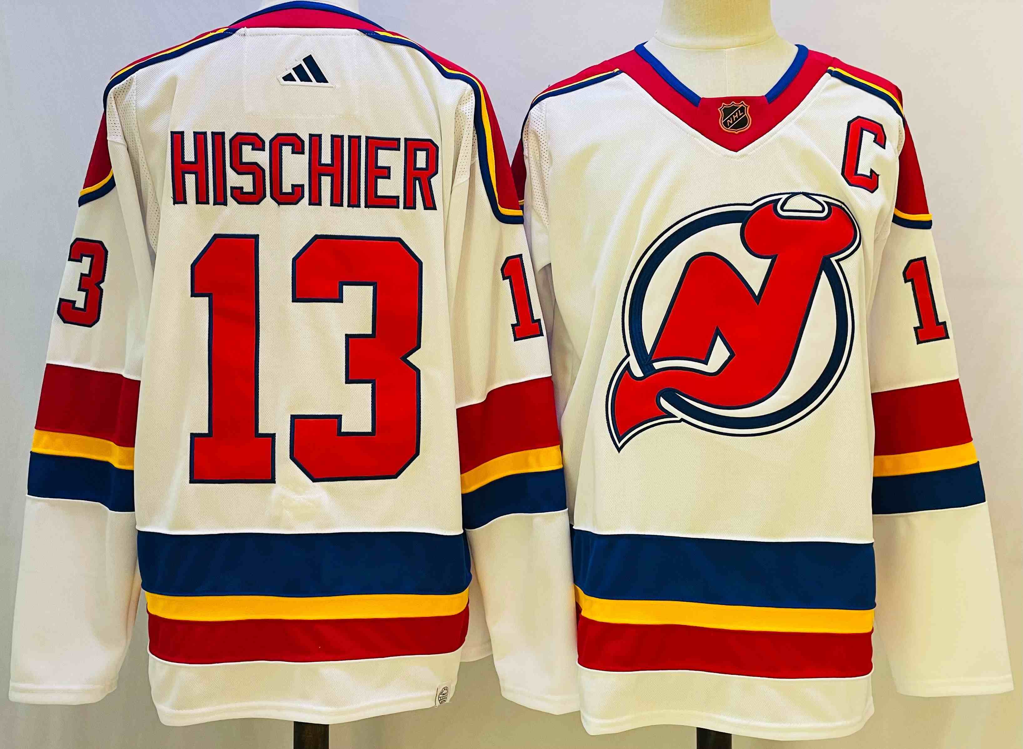 Mens Nhl New Jersey Devils #13 Nico Hischier White 2022-23 Reverse Retro Alternate Adidas Jersey