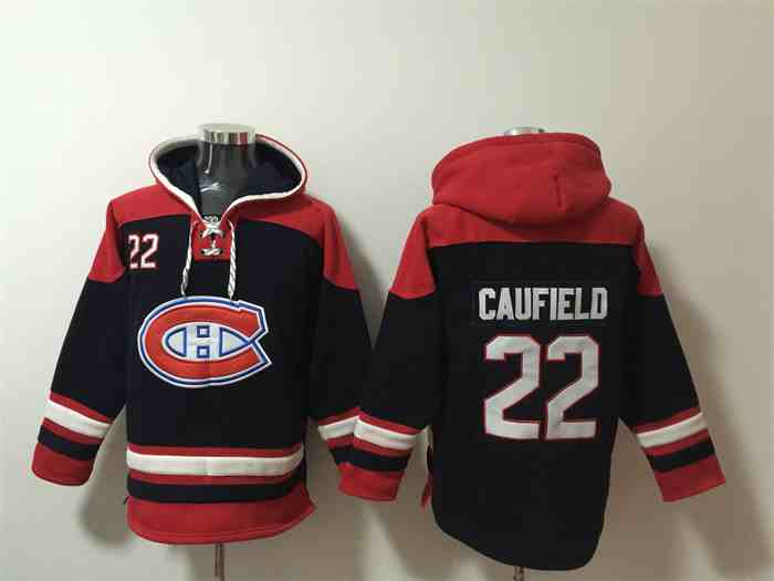 Men's Montreal Canadiens #22 Cole Caufield Navy Red Lace-Up Pullover Hoodie