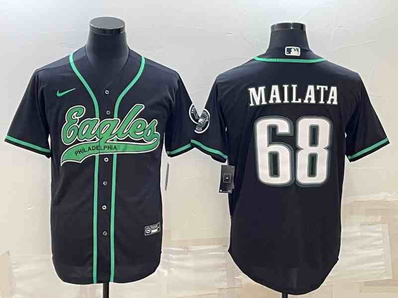 Men's Philadelphia Eagles #68 Jordan Mailata Black With Patch Cool Base Stitched Baseball Jersey (2)