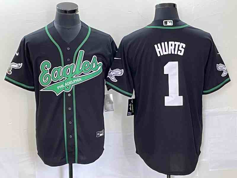 Men's Philadelphia Eagles #1 Jalen Hurts Black Cool Base Stitched Baseball Jersey (3)