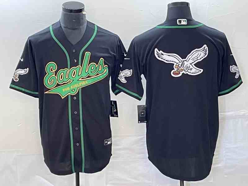 Men's Philadelphia Eagles Black Team Big Logo Cool Base Stitched Baseball Jersey (3)
