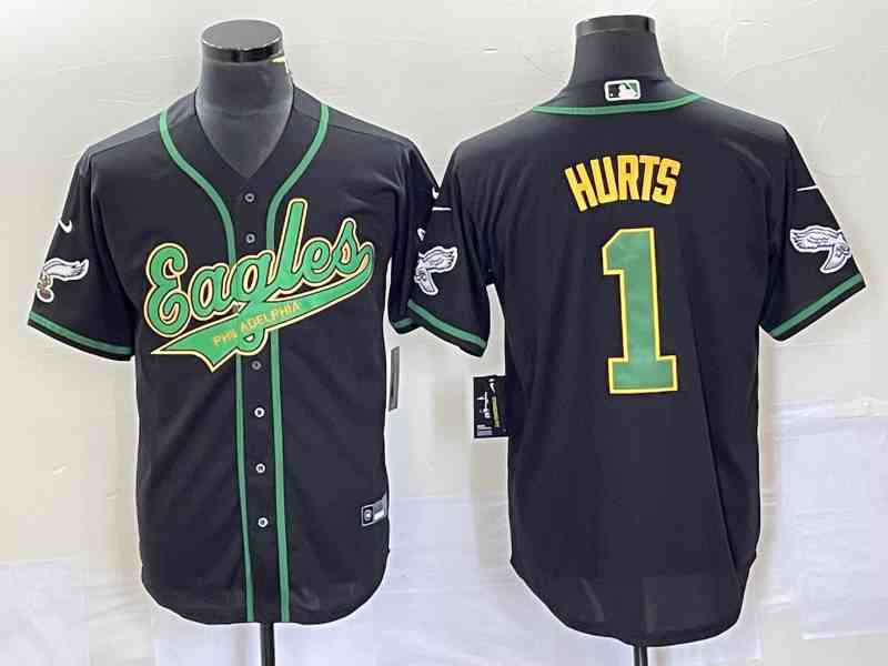 Men's Philadelphia Eagles #1 Jalen Hurts Black Cool Base Stitched Baseball Jersey (2)