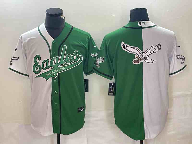 Men's Philadelphia Eagles GreenWhite Split Team Big Logo Cool Base Stitched Baseball Jersey