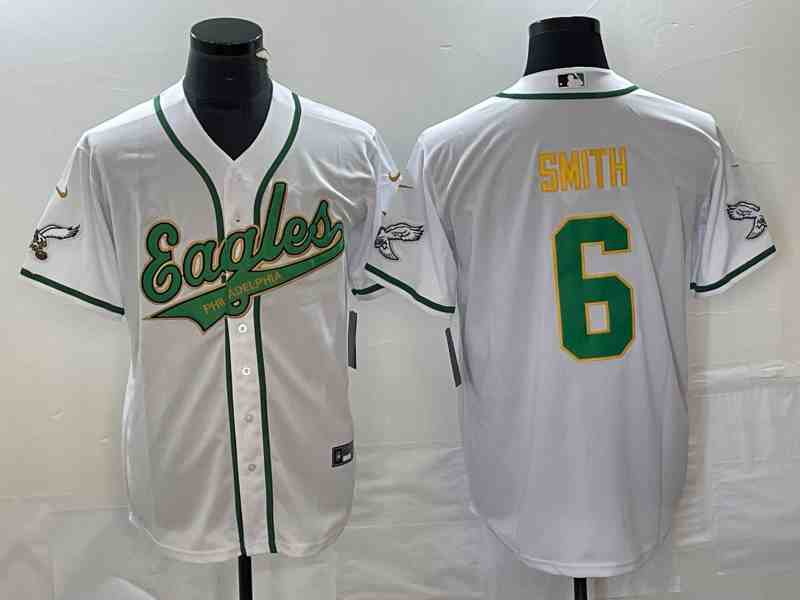 Men's Philadelphia Eagles #6 DeVonta Smith White Gold Cool Base Stitched Baseball Jersey