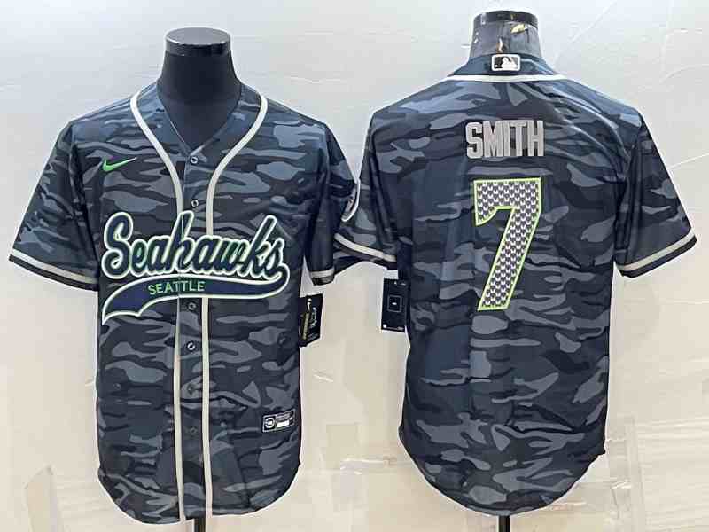 Men's Seattle Seahawks #7 Geno Smith Grey Camo With Patch Cool Base Stitched Baseball Jersey