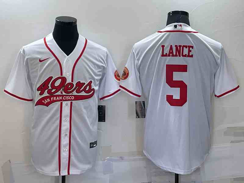 Men's San Francisco 49ers #5 Trey Lance White Baseball Cool Base Jersey