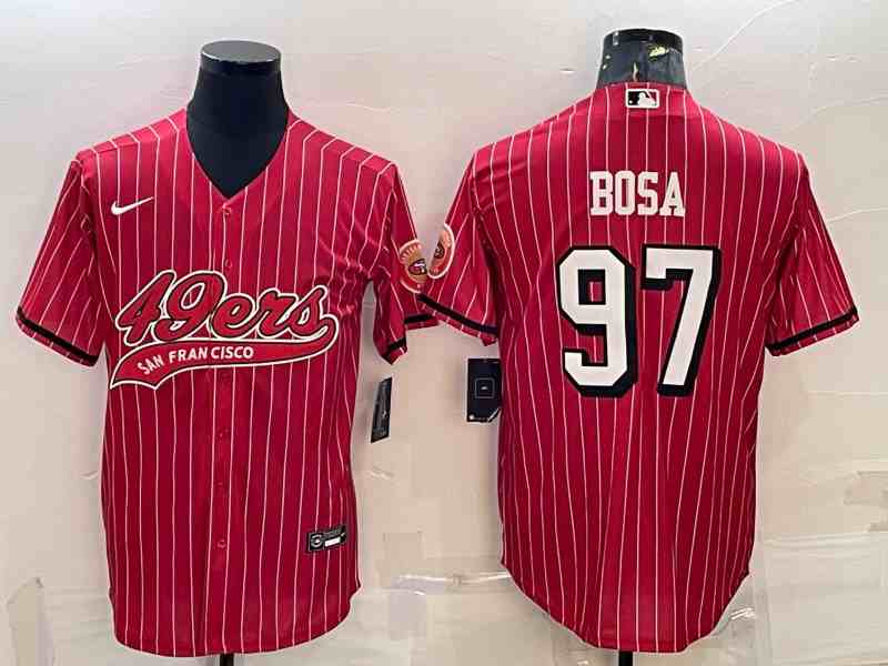 Men's San Francisco 49ers #97 Nick Bosa Red stripe With Patch Cool Base Stitched Baseball Jersey