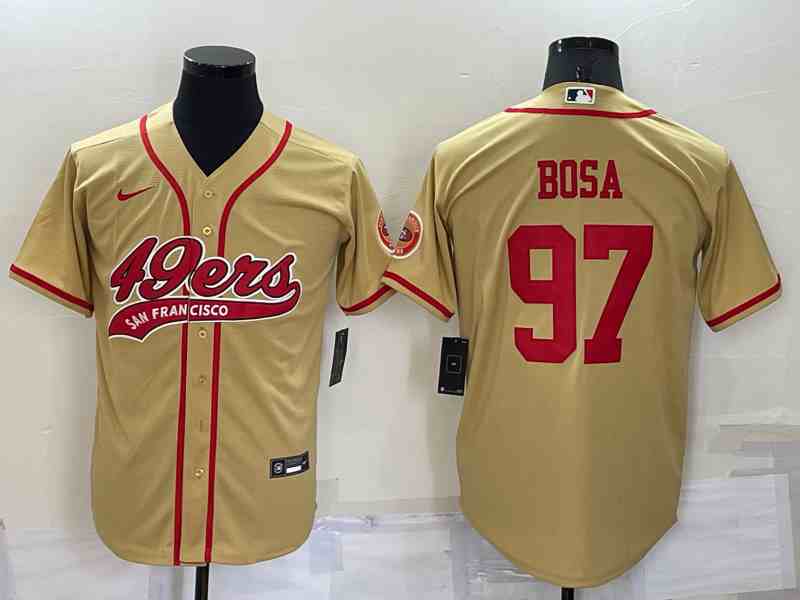 Men's San Francisco 49ers #97 Nick Bosa New Gold With Patch Cool Base Stitched Baseball Jersey