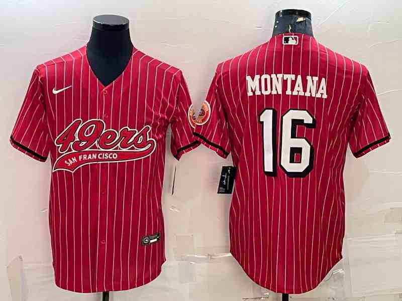 Men's San Francisco 49ers #16 Joe Montana Red stripe With Patch Cool Base Stitched Baseball Jersey