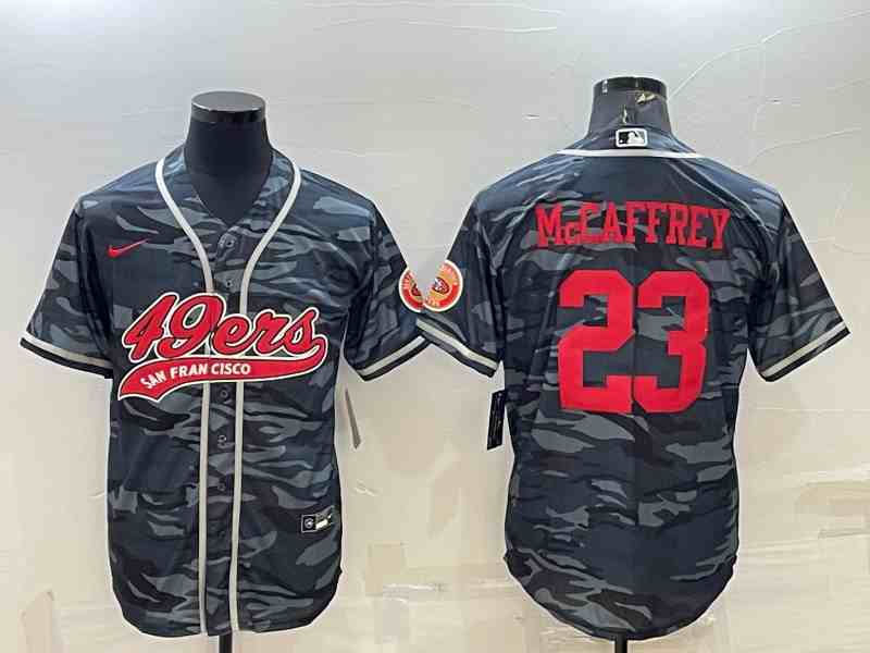 Men's San Francisco 49ers #23 Christian McCaffrey Grey Red Camo With Patch Cool Base Stitched Baseball Jersey