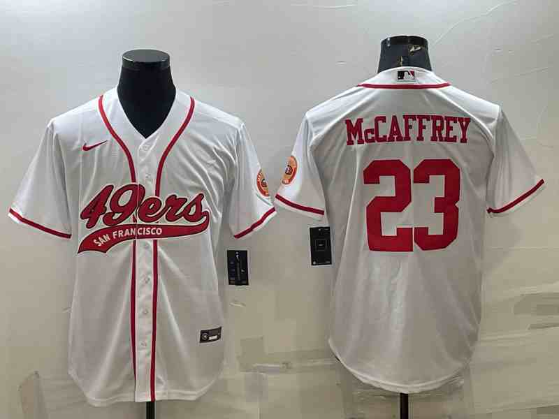 Men's San Francisco 49ers #23 Christian McCaffrey White With Patch Cool Base Stitched Baseball Jersey