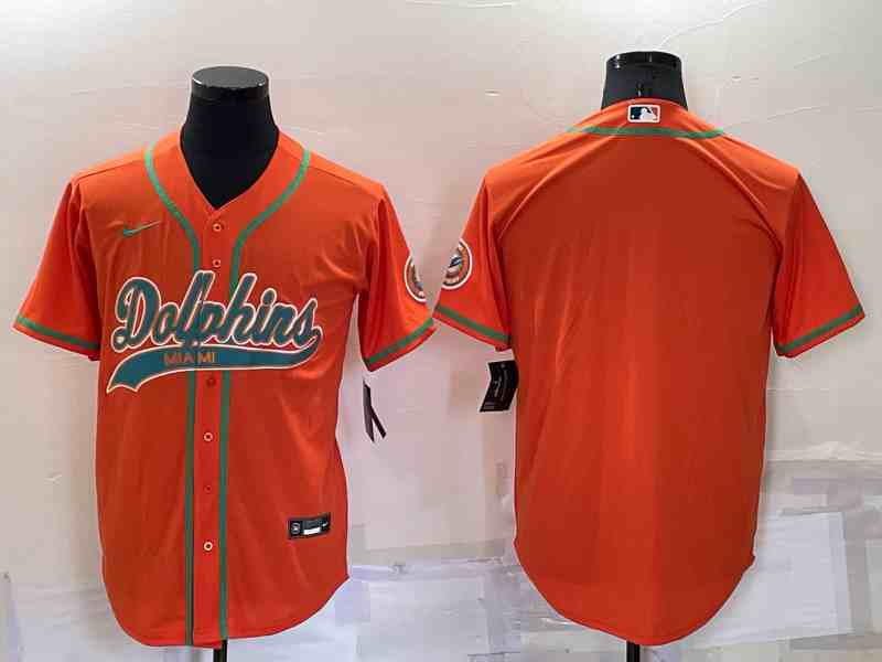 Men's Miami Dolphins Orange Team Big Logo With Patch Cool Base Stitched Baseball Jersey